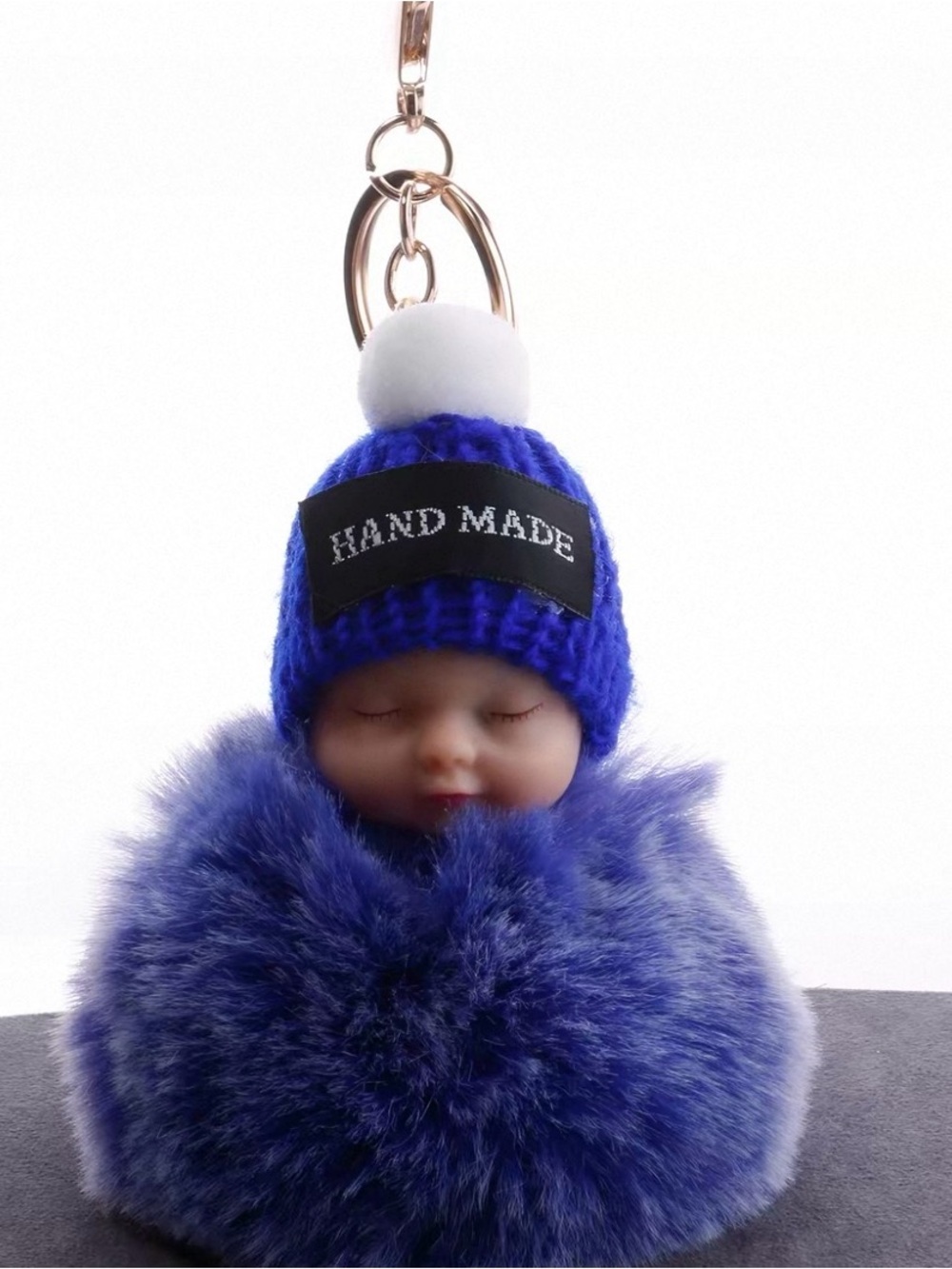 Cute Sleeping Baby Doll Dark Blue Pom Pom Keychain Bag charm